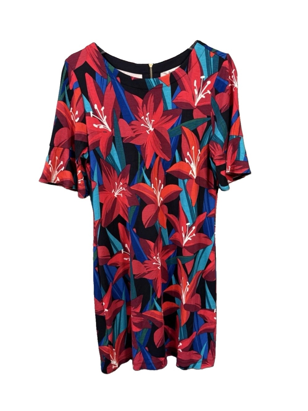 Tommy Bahama Perfect Petal Lily Floral Shift Dress Flutter Sleeve Tropical LG